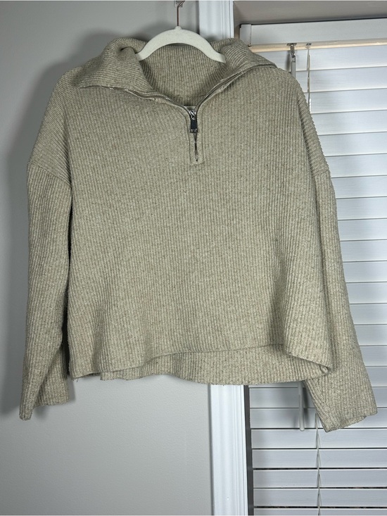 Cider Sweaters - Cider Ribbed Half-Zip Turtleneck Sweater - Beige